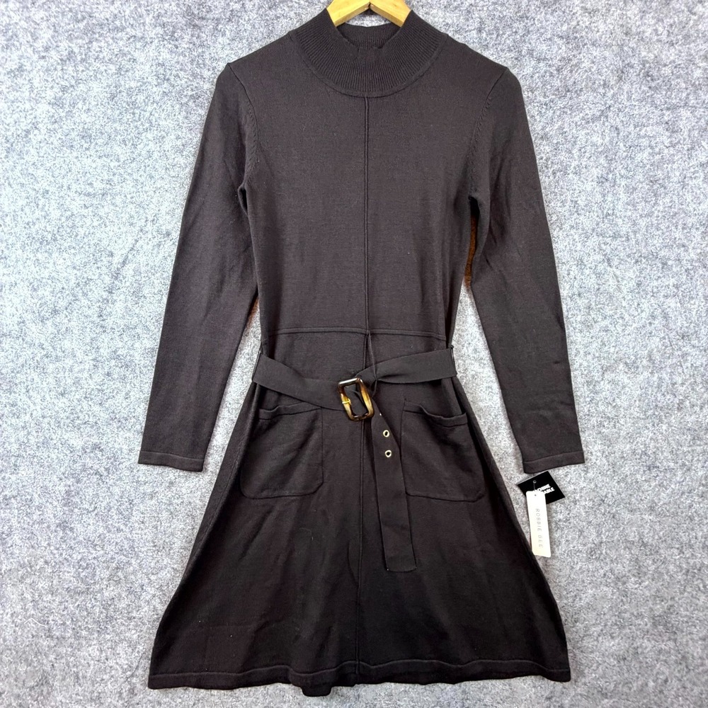 Robbie Bee Sweater Dress Womens Medium Brown‎ Knit Rayon Belted Waist Mock Neck